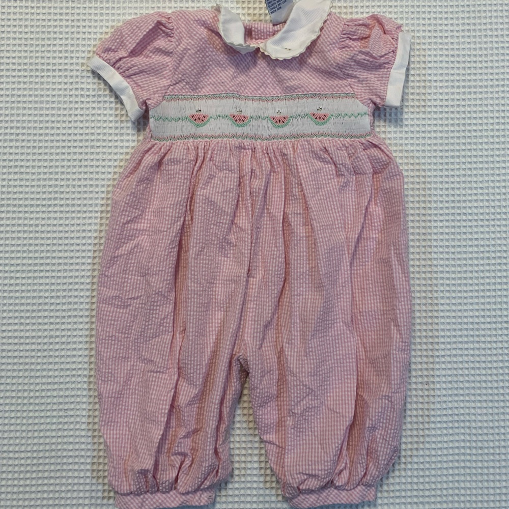 Carriage Boutique Smocked Pink Seersucker Watermelon Romper 9m.